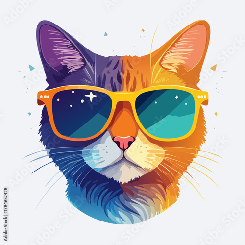 Cool cat wearing sunglasses with a vibrant, colorful, abstract background, representing a fun and energetic feline