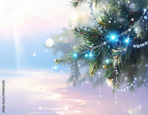 Sparkling winter branches adorned with lights near tranquil water at sunset Generative AI