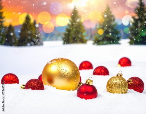 Snow-covered landscape with colorful Christmas ornaments at sunset Generative AI