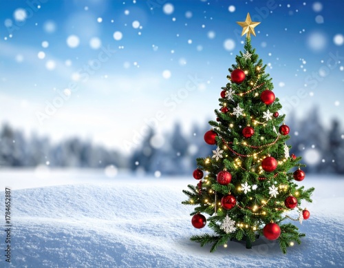 Festive Christmas tree adorned with decorations in a snowy winter landscape Generative AI