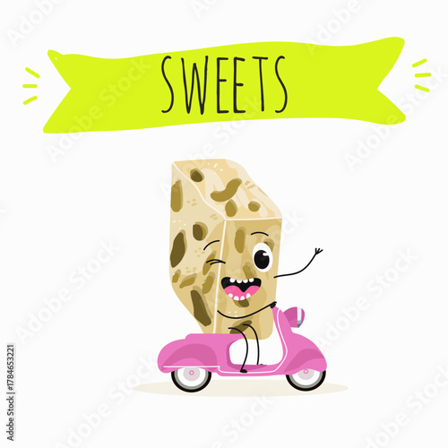 Tasty nougat, turkish delight, Halva confection, funny characters, hand drawn vector illustration.