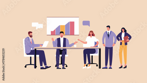 Diverse group of professionals in a modern office meeting discussing a bar graph presentation with speech bubbles indicating conversation