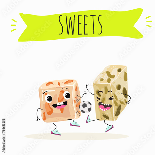 Tasty nougat, turkish delight, Halva confection, funny characters, hand drawn vector illustration.