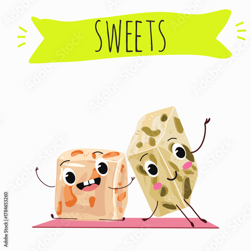 Tasty nougat, turkish delight, Halva confection, funny characters, hand drawn vector illustration.