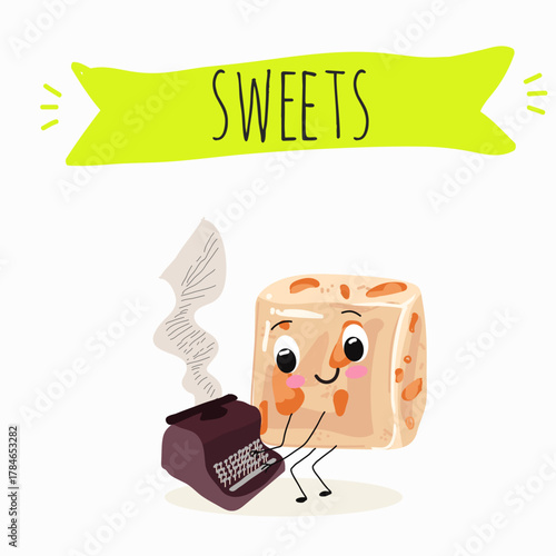 Tasty nougat, turkish delight, Halva confection, funny characters, hand drawn vector illustration.