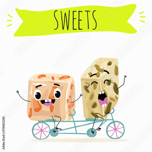 Tasty nougat, turkish delight, Halva confection, funny characters, hand drawn vector illustration.