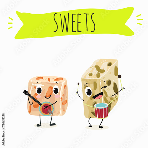 Tasty nougat, turkish delight, Halva confection, funny characters, hand drawn vector illustration.