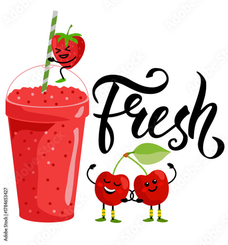 Cute cartoon fruit smoothies in cups. Fresh summer juice. Cute cartoon fruits with mug. Handwritten lettering Fresh. Food lettering. Drinking menu, healthy vegan lifestyle