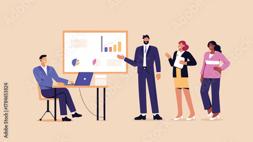 Diverse business professionals collaborating during a presentation with charts and graphs on a whiteboard in a modern office setting