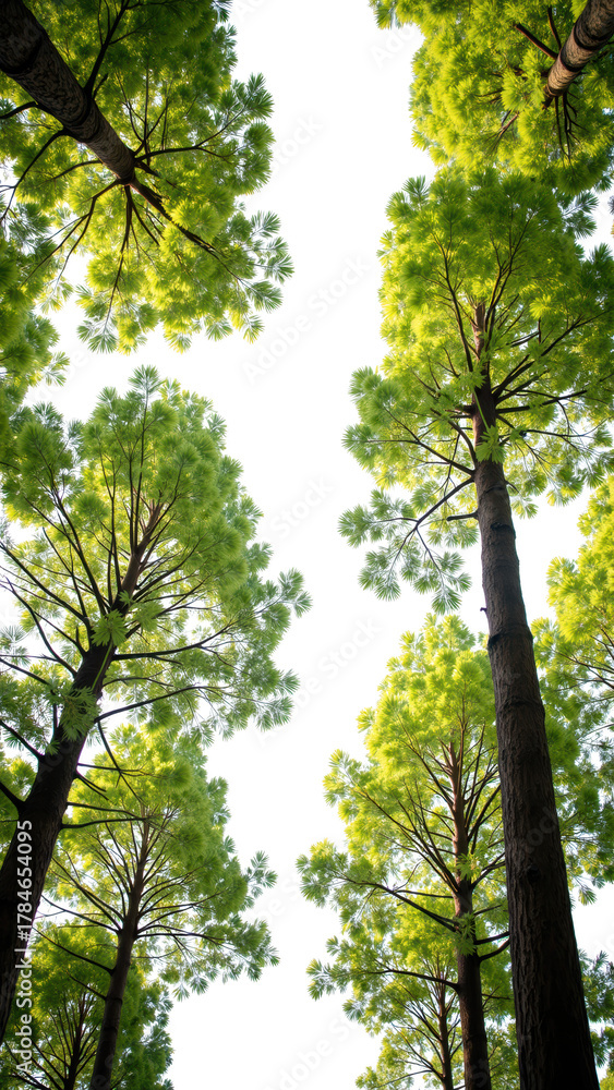Fototapeta premium Lush green trees tower overhead, creating vibrant canopy against clear sky. Sunlight filters through leaves, enhancing serene atmosphere