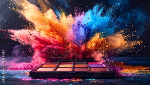 Exploding burst of vivid powders from five-shade makeup palette—pink, orange, yellow, green, purple—against dark background. Dramatic composition showcases color intensity and artistic flair.