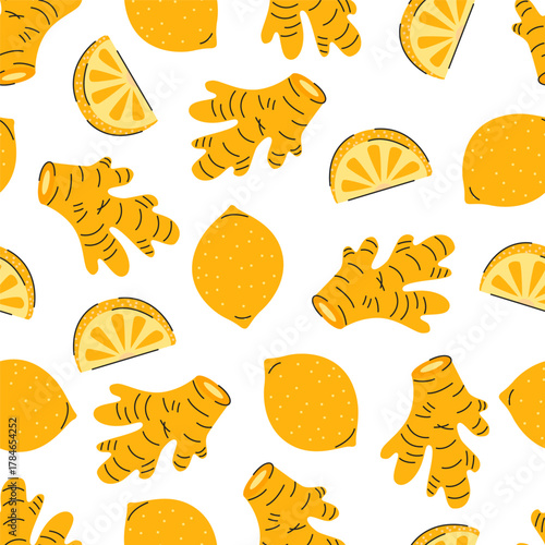 Seamless pattern with ginger roots, lemons and lemon slices, bright healthy food illustration.