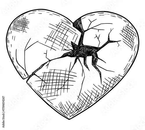 Illustration of broken heart icon. Symbol of pain and love. Cracked heart symbol. sketch illustration isolated on white background
