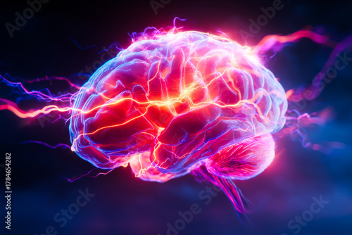 Bright glowing human brain with colorful waves of energy and light surrounding it