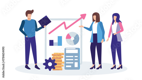 Diverse team of professionals collaborating on a financial growth strategy presentation with charts and data analysis
