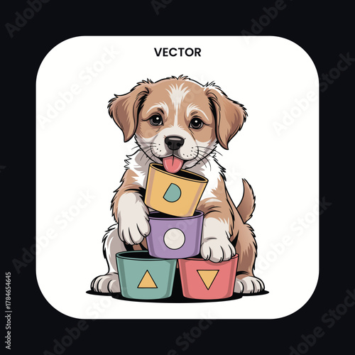 Sweet puppy dog playing with toy blocks vector illustration happy cute character colorful kid pet