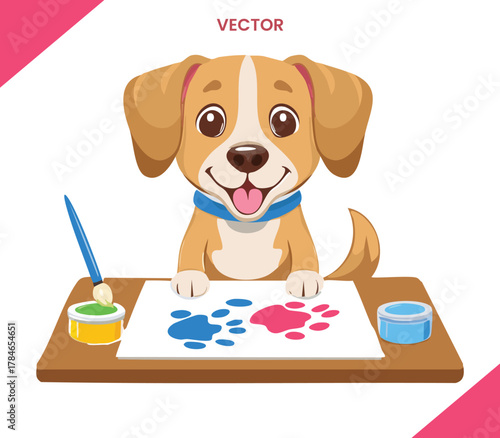 Dog sitting painting with paw prints on paper vector illustration isolated scene