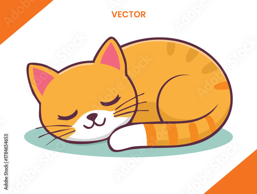 Cute ginger cat sleeping curled up illustration isolated on white background vector