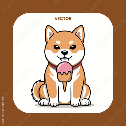 Cartoon shiba inu dog eating ice cream vector illustration cute mascot happy summer