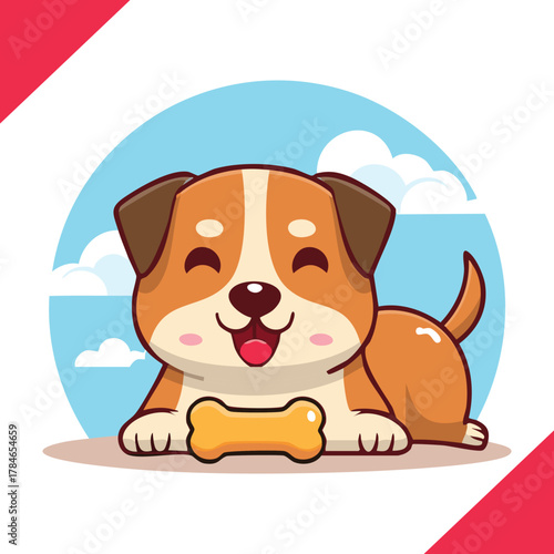 Happy dog holding bone in mouth vector illustration isolated on white background