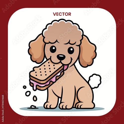 Adorable poodle dog eating ice cream sandwich vector cartoon illustration brown color happy sitting