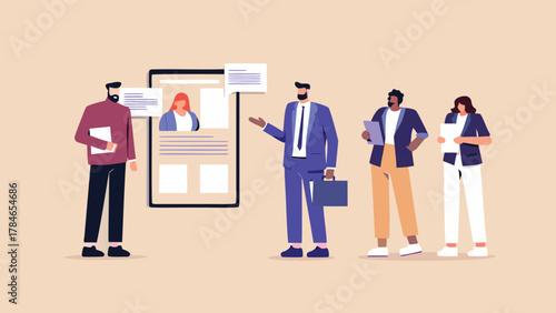 Diverse team of professionals reviewing candidate profiles on a digital screen during a business meeting or recruitment process