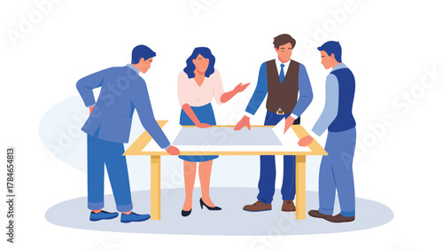 Diverse team of professionals collaborating around a table discussing blueprints or plans for a project