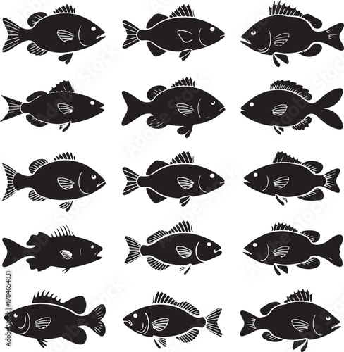 Assortment of Black Fish Silhouettes in Grid Layout
