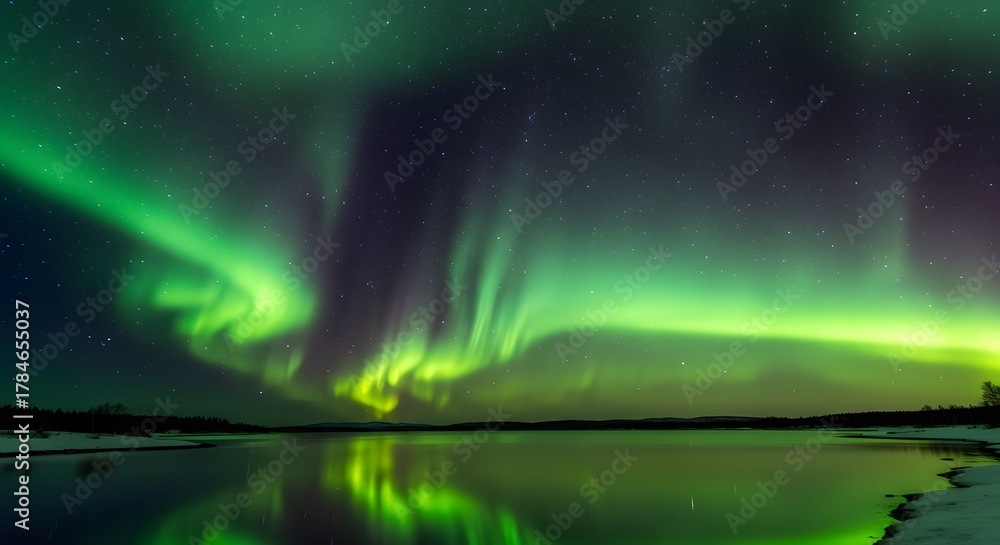 Fototapeta premium Ethereal Green Aurora Borealis Dances Above Reflective Arctic Lake Under Starry Night Sky.
