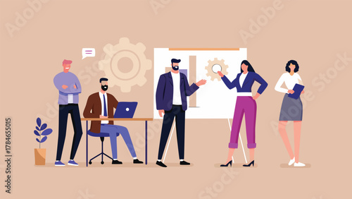 Diverse business team collaborates on a project presentation with charts and gears symbolizing teamwork and strategy