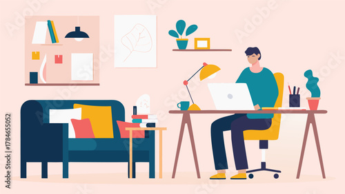 A man works on his laptop at a desk in a cozy room with a sofa and shelves decorated with plants and art