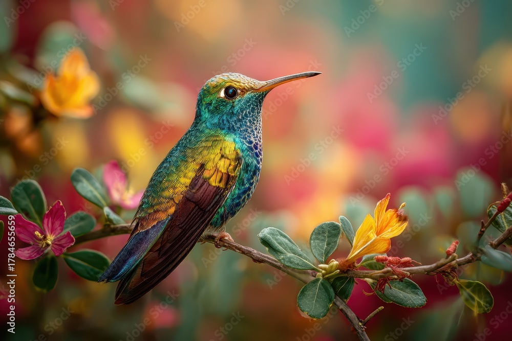 Fototapeta premium Exotic colibri hummingbird perched gracefully on a vibrant tropical flower in a lush garden setting