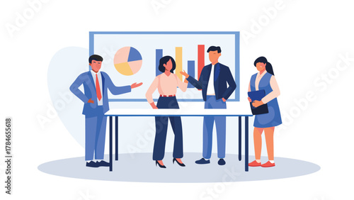 Diverse business professionals collaborating around a table during a presentation with charts and graphs displayed on a whiteboard