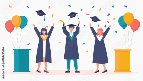 Three diverse graduates in academic regalia celebrating with thrown caps and confetti balloons and podiums