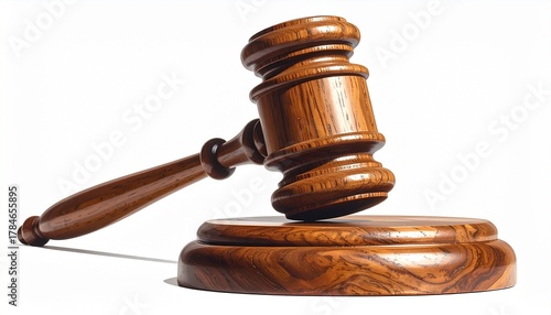Wooden judge’s gavel resting on a sound block, symbolizing legal authority, courtroom proceedings, and justice. Classic setup evokes themes of law, decision-making, and institutional order.