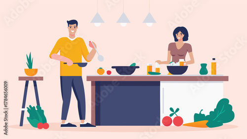 A happy couple cooking together in a modern kitchen preparing a healthy meal with fresh vegetables and ingredients on the counter