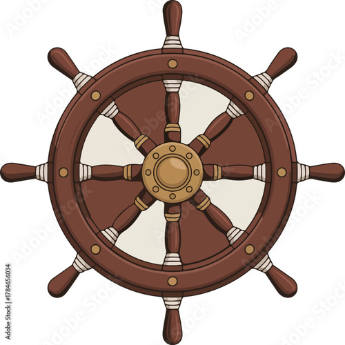 Traditional wooden ship wheel vector featuring eight spokes and a central golden hub for maritime navigation