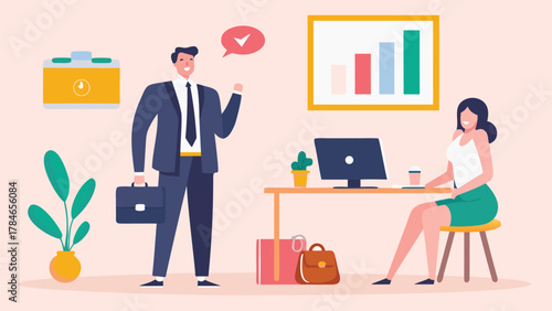 Successful business colleagues celebrating achievements and goals in a modern office environment with charts and plants