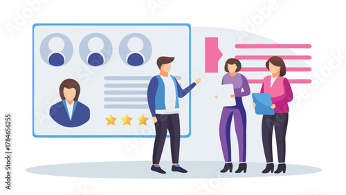 Team members discussing candidate profiles and performance ratings on a digital screen during a meeting or presentation