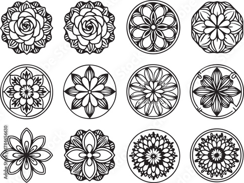 Black and white circular mandala and floral pattern icons
