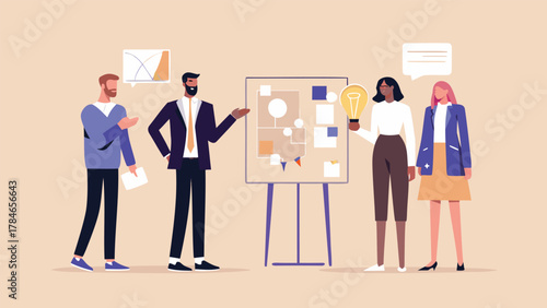 Diverse team collaborating on a project presentation with a whiteboard and a bright idea lightbulb