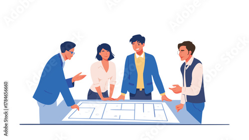 Diverse group of four professionals collaborating around a table examining a blueprint or floor plan together