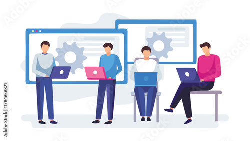 Diverse group of four men working together on laptops with digital screens displaying gears and code