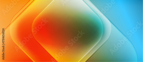 Abstract gradients blend orange, teal, white. Smooth curves create dynamic central shape. Modern design evokes light, energy.