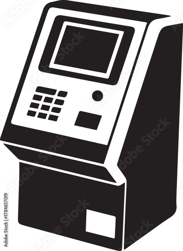 Black and white illustration of an ATM machine banking