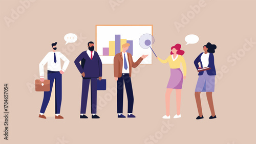 Diverse business professionals collaborate and present data insights during a meeting in a modern office setting with a bar chart on display