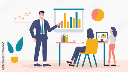 Business professional presenting financial data charts and graphs to colleagues in a modern office meeting room setting
