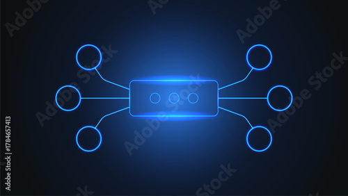 AI workflow automation artificial intelligence network connection diagram with glowing data nodes technology.