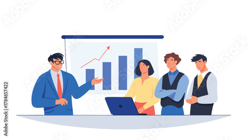 Diverse business team collaborating during a presentation with a growth chart and laptop on a table