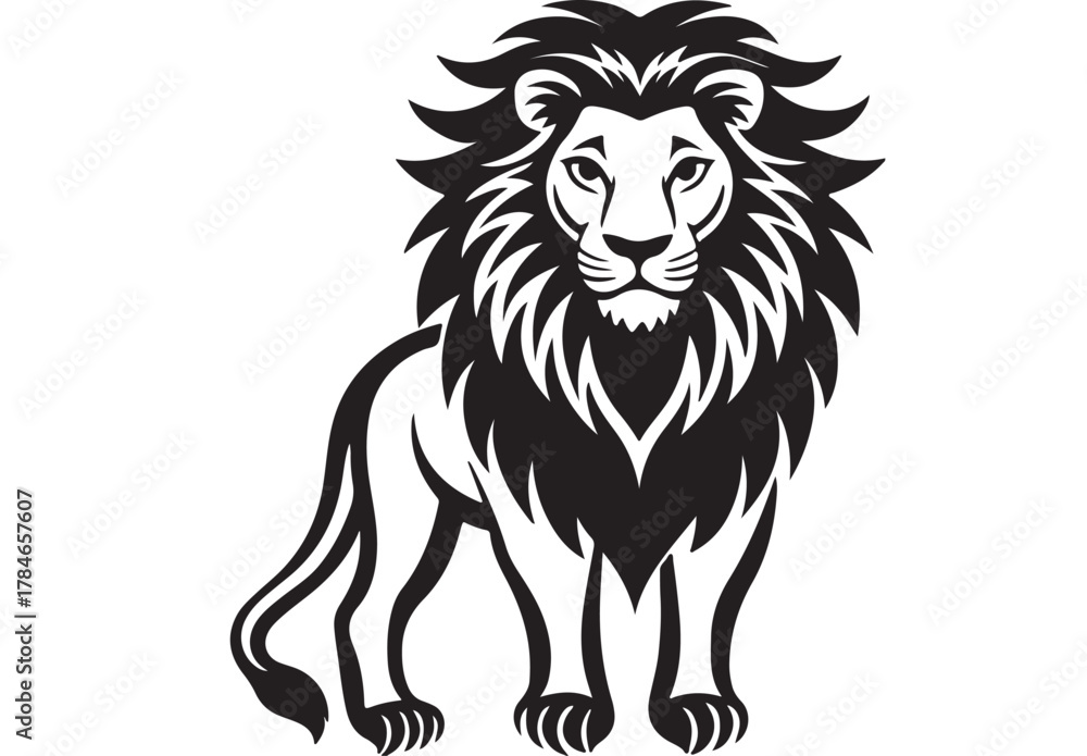 Fototapeta premium Black and white lion standing profile with detailed mane